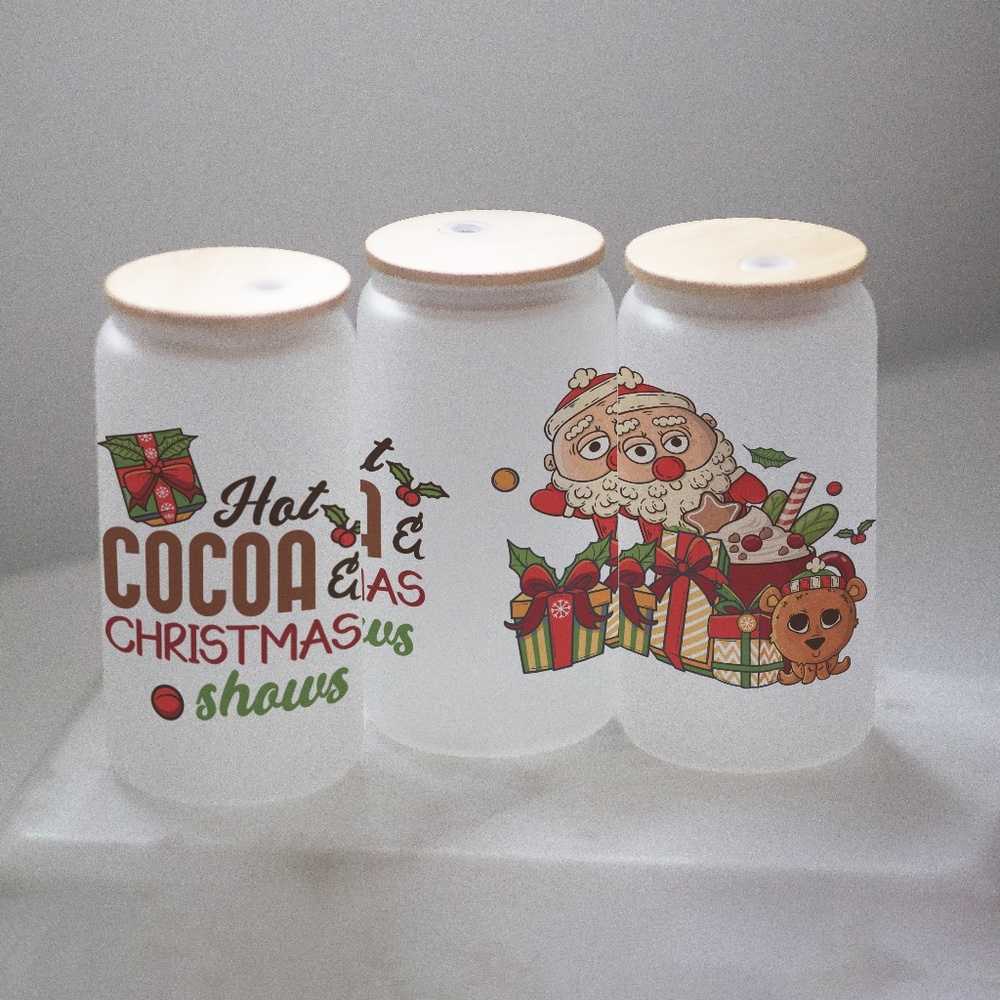 Hot Cocoa & Christmas Shows Glasses cup 16 oz glass cup with Straw & Bamboo Lid.